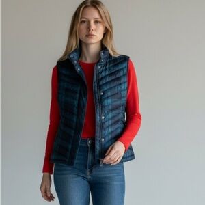 Talbots Down Filled Green Navy Tartan Plaid Jacket Puffer Vest  Zipper Snaps MP